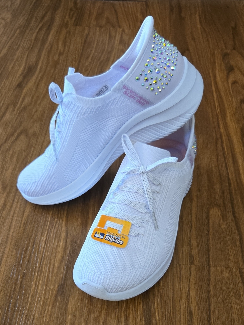 Skechers White Slip-On Sneakers with Crystal Heel Accents